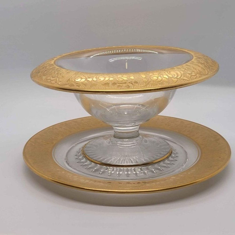 Vintage Glass Serving Set, Gold Florentine Glass Bowl With Plate, Etched Gold Tr